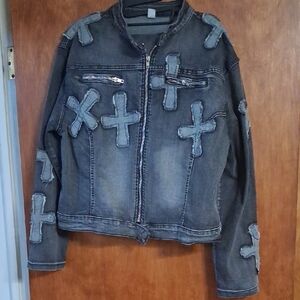 Stylish Denim Skirt Set With Denim JACKET With Cross Patches